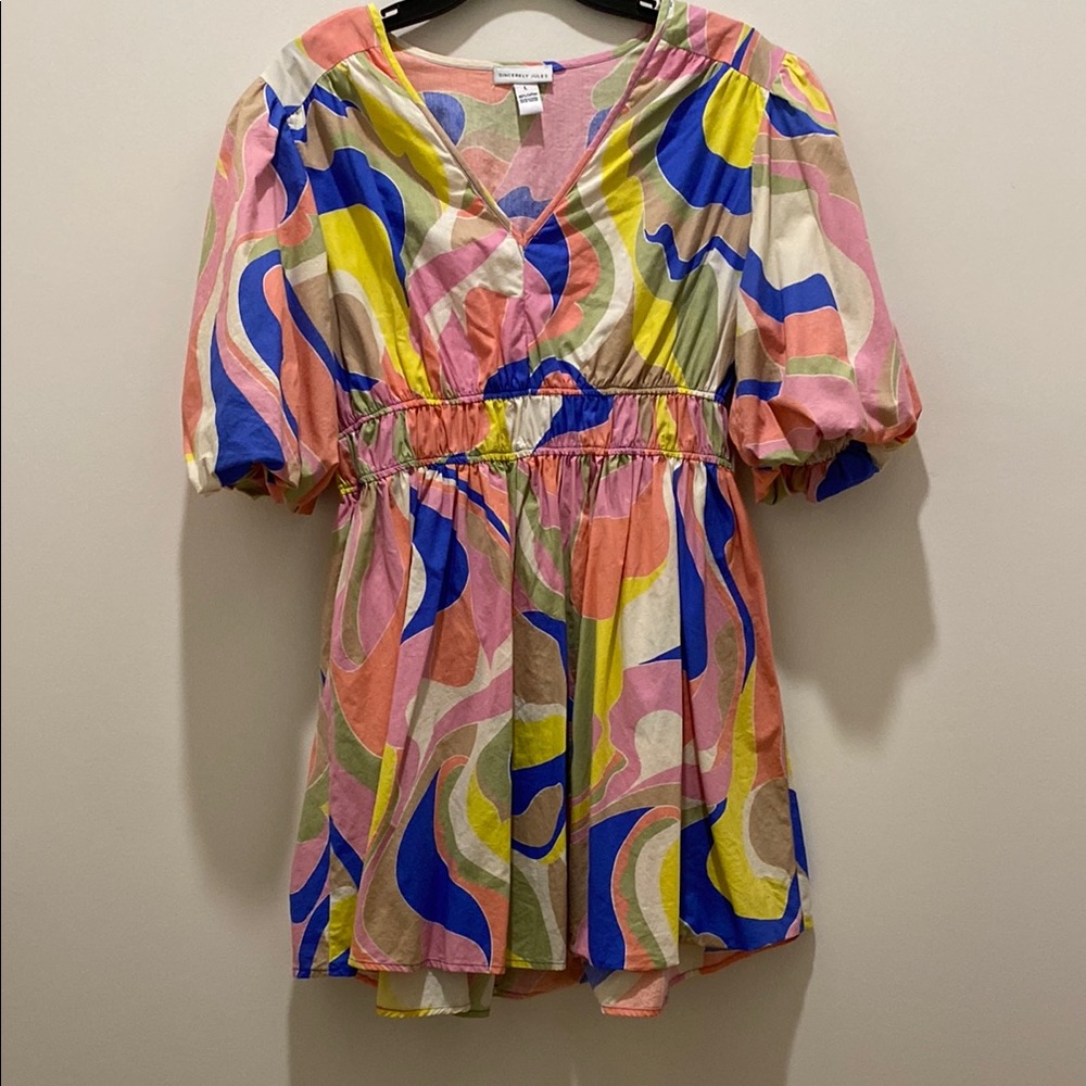 Multicolor Abstract Puff Sleeve Dress